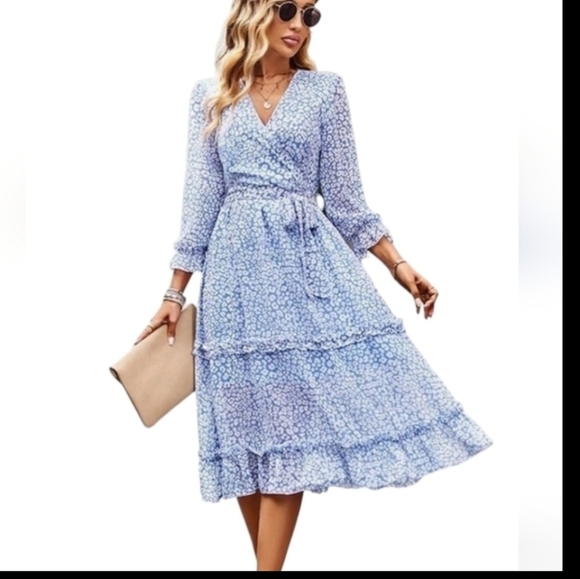 Blue floral print cross over neck Coquette  Belted Tiered midi Dress NWT Sz S - Picture 1 of 11